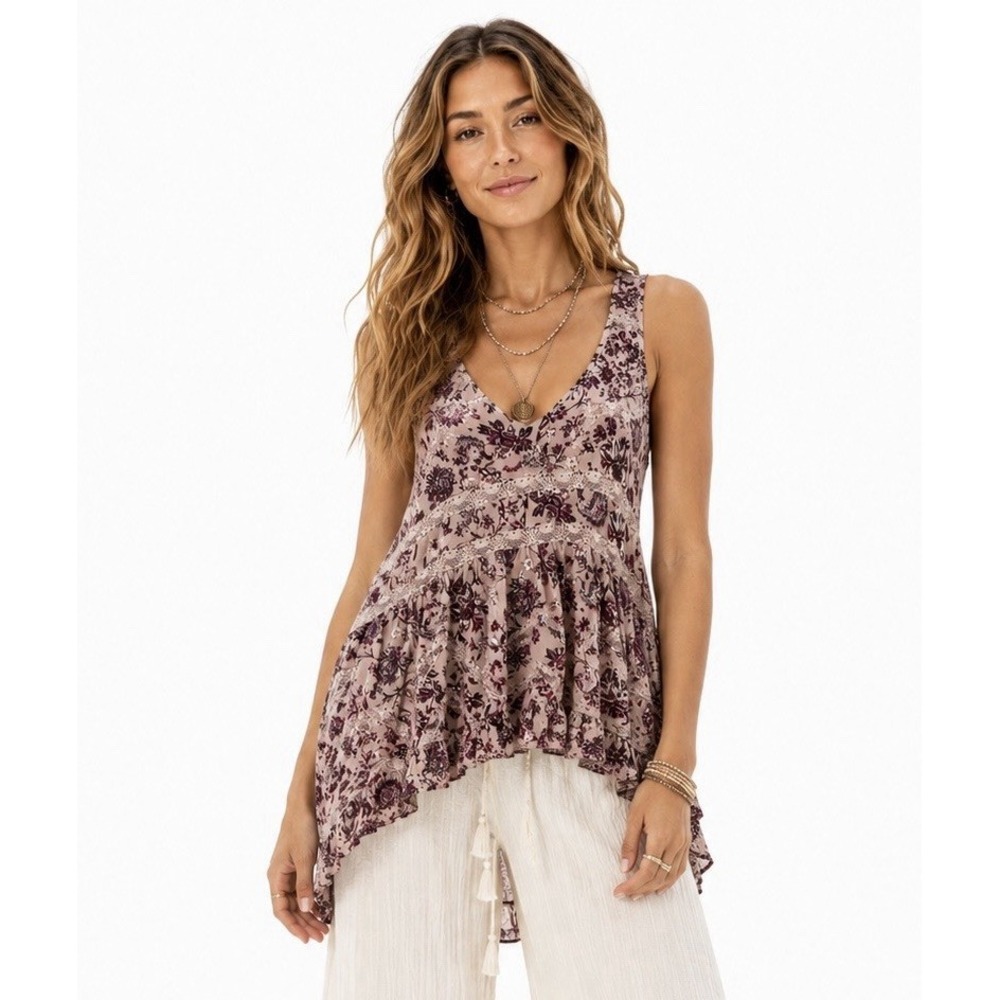 Free People Tunic Top XS Purple Sleeveless Floral Lace Boho Cottagecore Festival